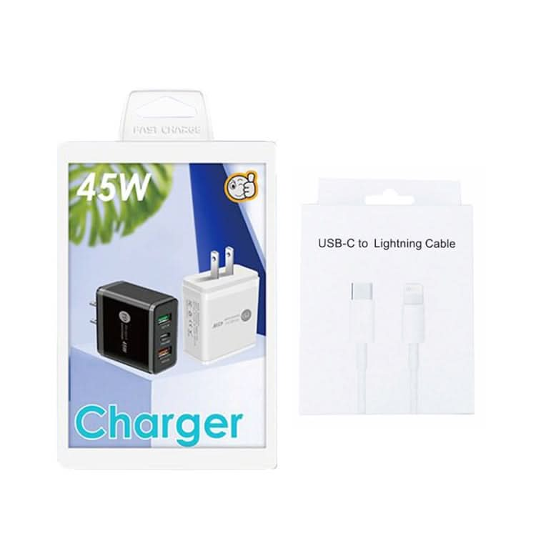 45W PD3.0 + 2 x QC3.0 USB Multi Port Charger with Type-C to 8 Pin Cable, US Plug