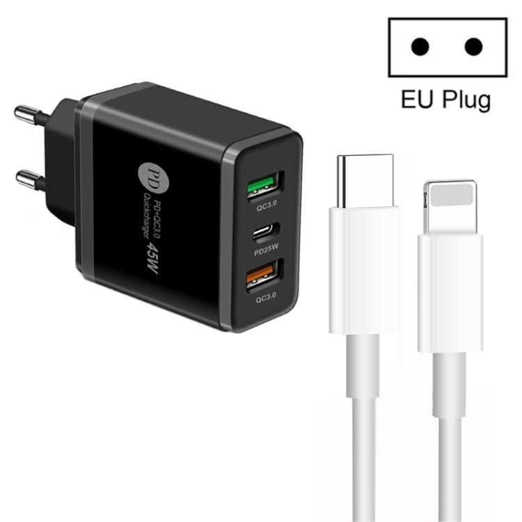 45W PD3.0 + 2 x QC3.0 USB Multi Port Charger with Type-C to 8 Pin Cable, EU Plug