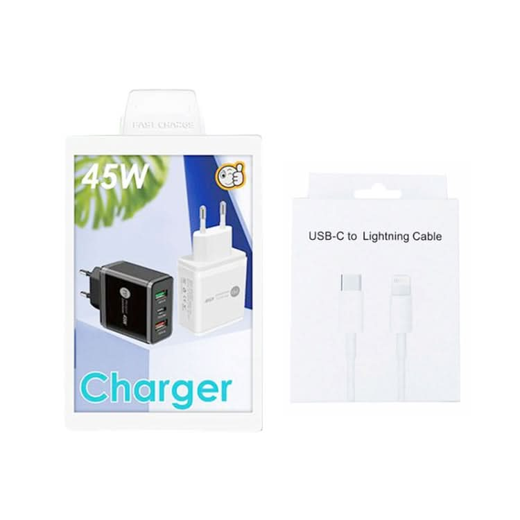 45W PD3.0 + 2 x QC3.0 USB Multi Port Charger with Type-C to 8 Pin Cable, EU Plug