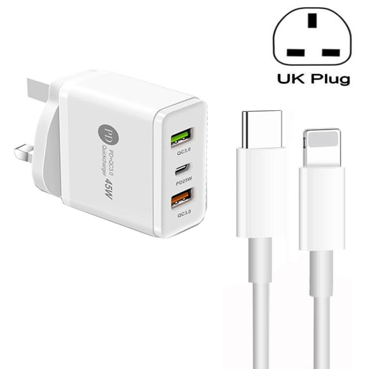 45W PD3.0 + 2 x QC3.0 USB Multi Port Charger with Type-C to 8 Pin Cable, UK Plug