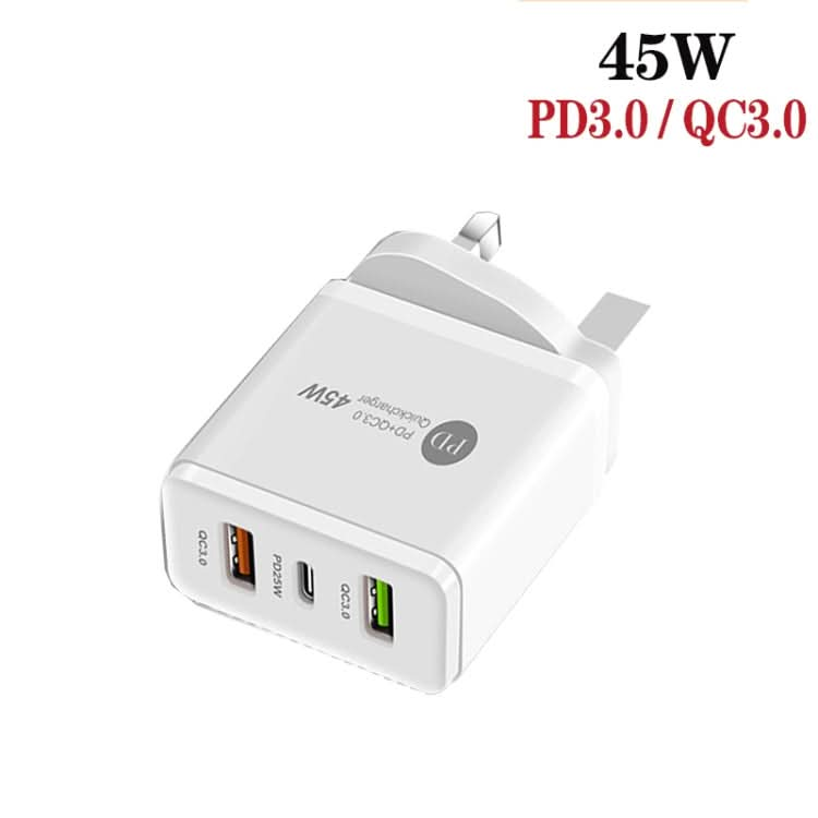 45W PD3.0 + 2 x QC3.0 USB Multi Port Charger with Type-C to 8 Pin Cable, UK Plug