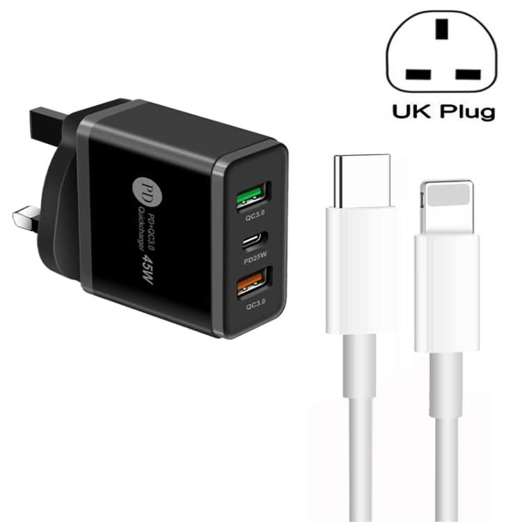 45W PD3.0 + 2 x QC3.0 USB Multi Port Charger with Type-C to 8 Pin Cable, UK Plug