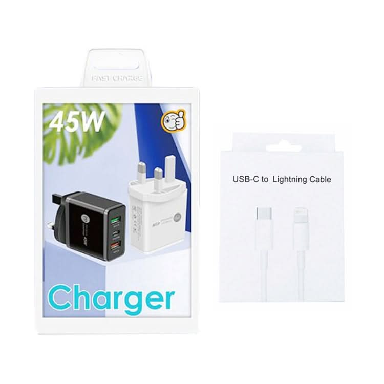 45W PD3.0 + 2 x QC3.0 USB Multi Port Charger with Type-C to 8 Pin Cable, UK Plug