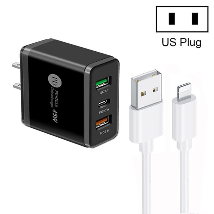 45W PD25W + 2 x QC3.0 USB Multi Port Charger with USB to 8 Pin Cable, US Plug