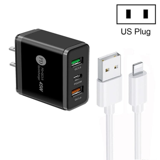 45W PD25W + 2 x QC3.0 USB Multi Port Charger with USB to 8 Pin Cable, US Plug