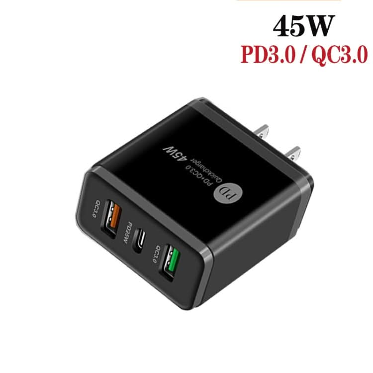 45W PD25W + 2 x QC3.0 USB Multi Port Charger with USB to 8 Pin Cable, US Plug