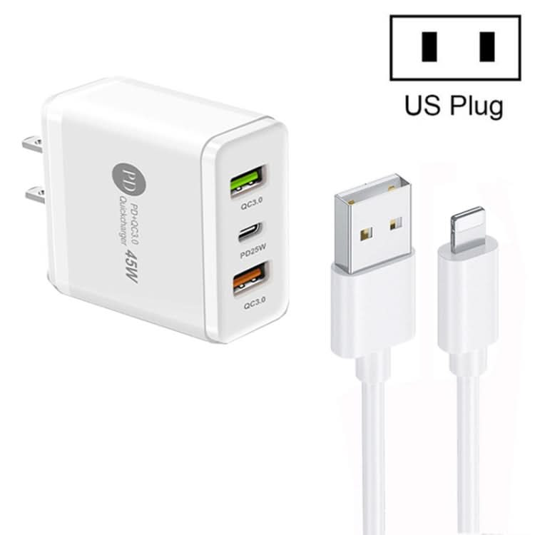 45W PD25W + 2 x QC3.0 USB Multi Port Charger with USB to 8 Pin Cable, US Plug