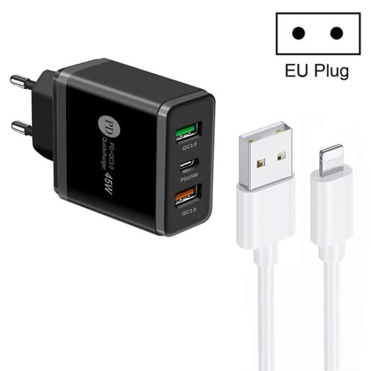 45W PD25W + 2 x QC3.0 USB Multi Port Charger with USB to 8 Pin Cable, EU Plug