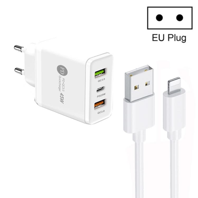 45W PD25W + 2 x QC3.0 USB Multi Port Charger with USB to 8 Pin Cable, EU Plug