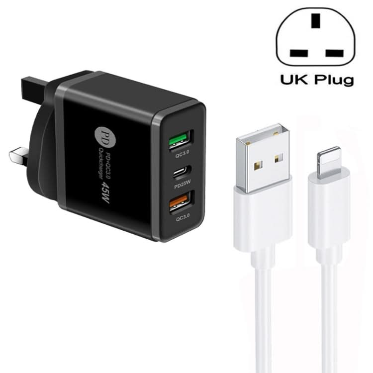 45W PD25W + 2 x QC3.0 USB Multi Port Charger with USB to 8 Pin Cable, UK Plug