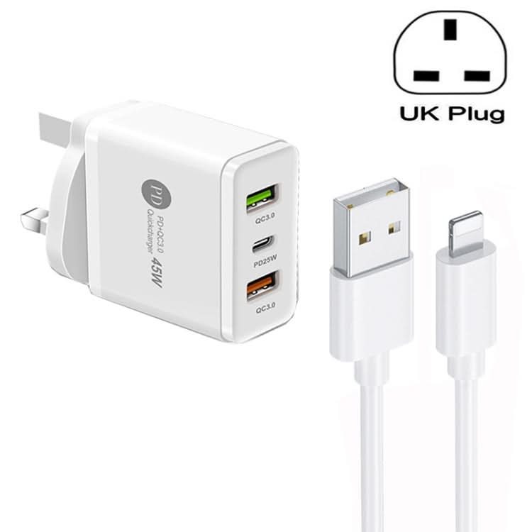 45W PD25W + 2 x QC3.0 USB Multi Port Charger with USB to 8 Pin Cable, UK Plug