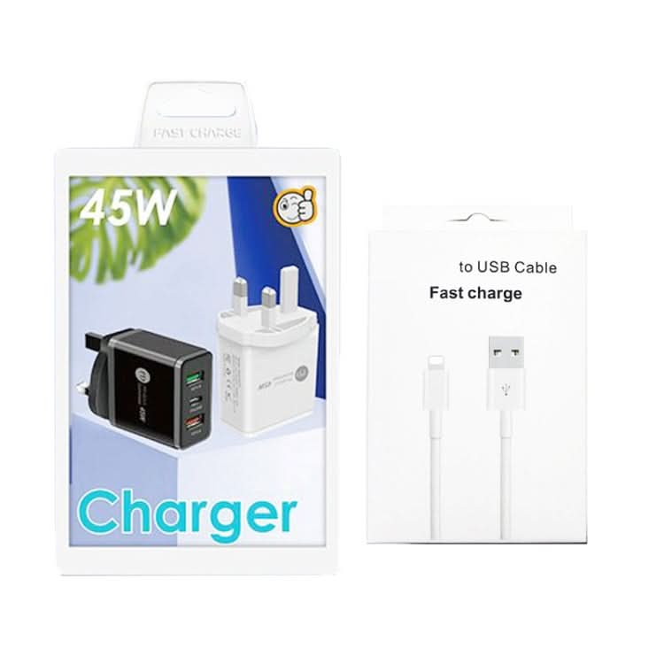 45W PD25W + 2 x QC3.0 USB Multi Port Charger with USB to 8 Pin Cable, UK Plug