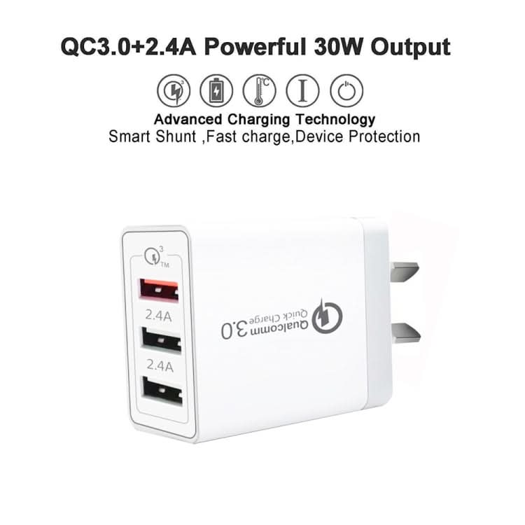 30W QC 3.0 USB + 2 x USB 2.0 Ports Mobile Phone Tablet Quick Charger, AU Plug