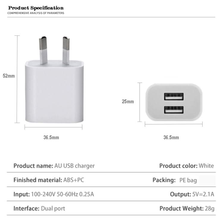 Mini Dual Port USB Charger with USB to 8 Pin Data Cable, AU Plug