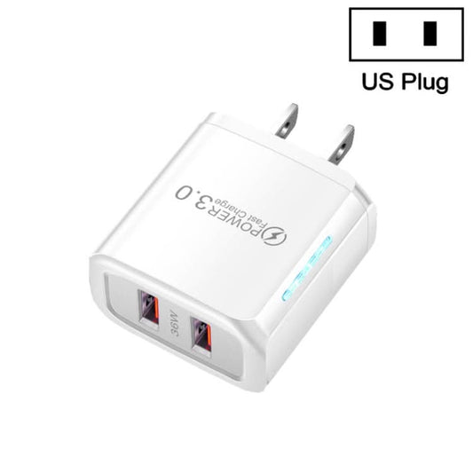 36W Dual Port QC3.0 USB Mobile Phone Charger Dual 18W Output, US Plug