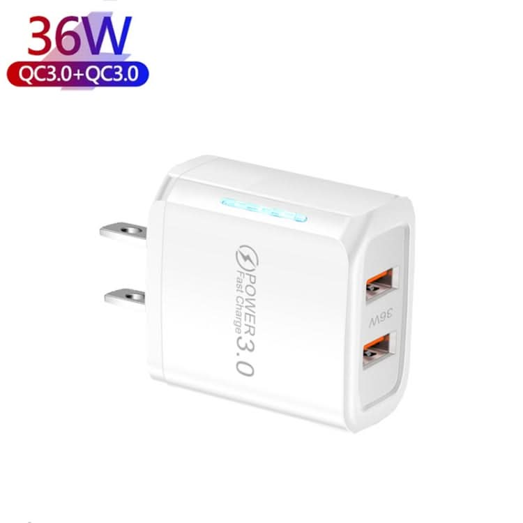 36W Dual Port QC3.0 USB Mobile Phone Charger Dual 18W Output, US Plug