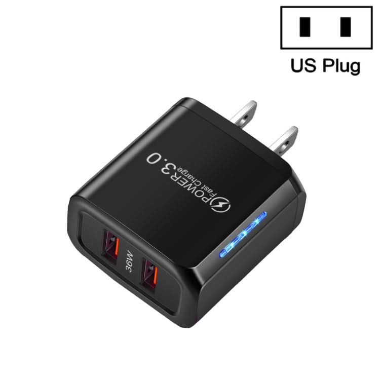 36W Dual Port QC3.0 USB Mobile Phone Charger Dual 18W Output, US Plug