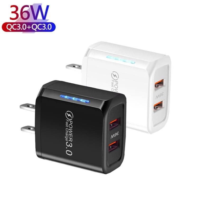 36W Dual Port QC3.0 USB Mobile Phone Charger Dual 18W Output, US Plug