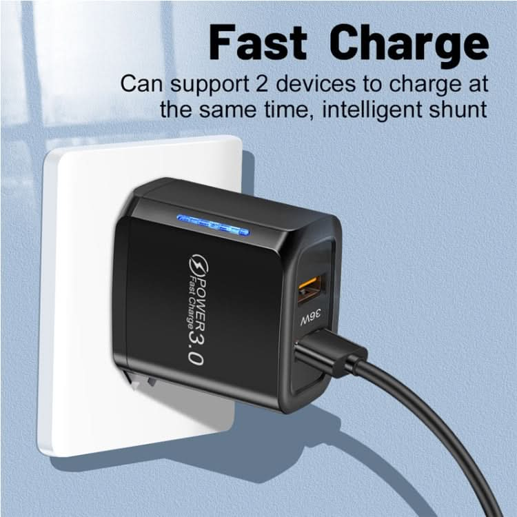 36W Dual Port QC3.0 USB Mobile Phone Charger Dual 18W Output, US Plug