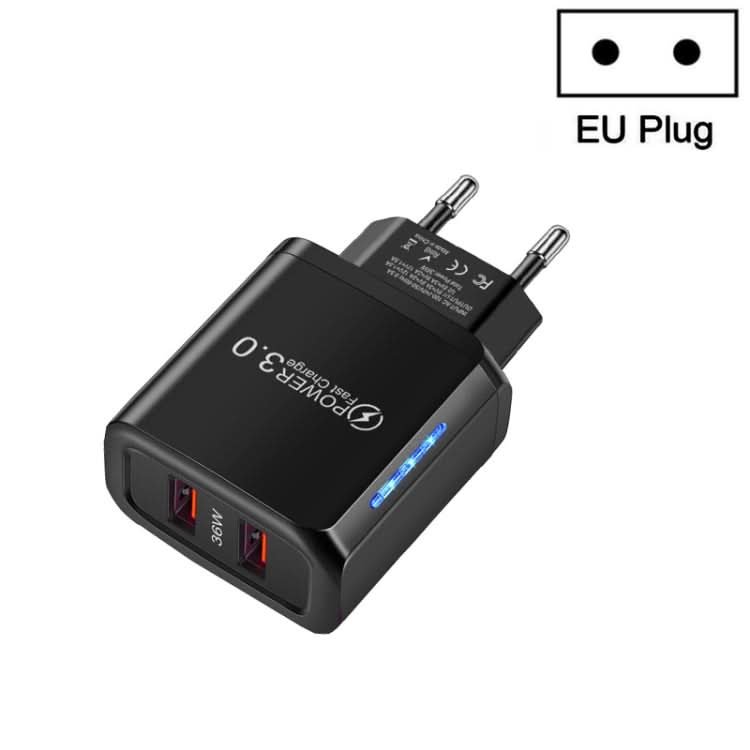 36W Dual Port QC3.0 USB Mobile Phone Charger Dual 18W Output, EU Plug