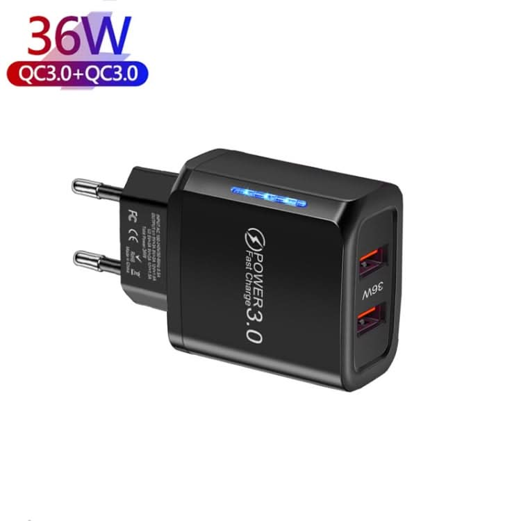 36W Dual Port QC3.0 USB Mobile Phone Charger Dual 18W Output, EU Plug