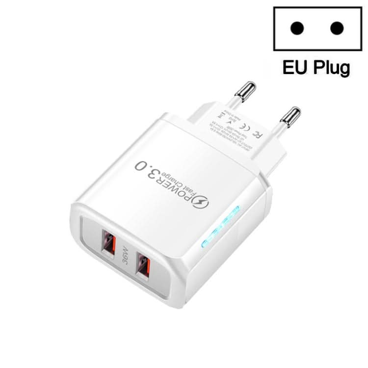 36W Dual Port QC3.0 USB Mobile Phone Charger Dual 18W Output, EU Plug