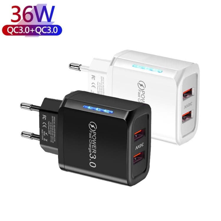 36W Dual Port QC3.0 USB Mobile Phone Charger Dual 18W Output, EU Plug