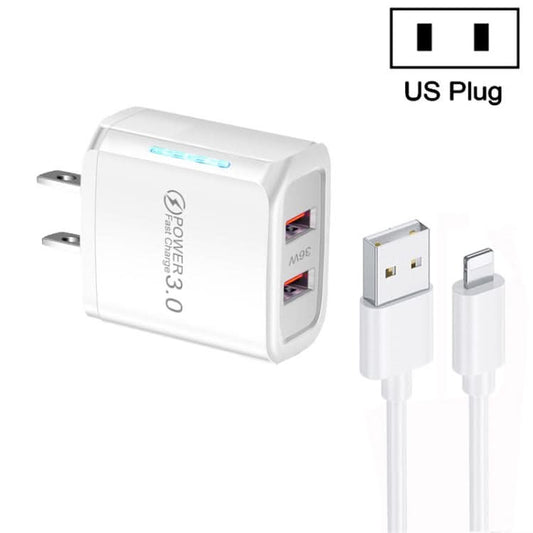 36W Dual Port QC3.0 USB Charger with 3A USB to 8 Pin Data Cable, US Plug