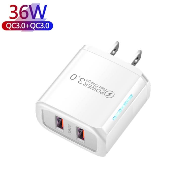 36W Dual Port QC3.0 USB Charger with 3A USB to 8 Pin Data Cable, US Plug