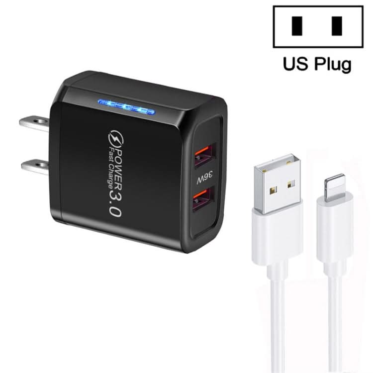 36W Dual Port QC3.0 USB Charger with 3A USB to 8 Pin Data Cable, US Plug