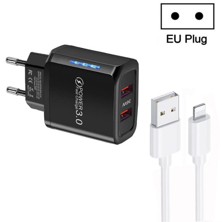 36W Dual Port QC3.0 USB Charger with 3A USB to 8 Pin Data Cable, EU Plug