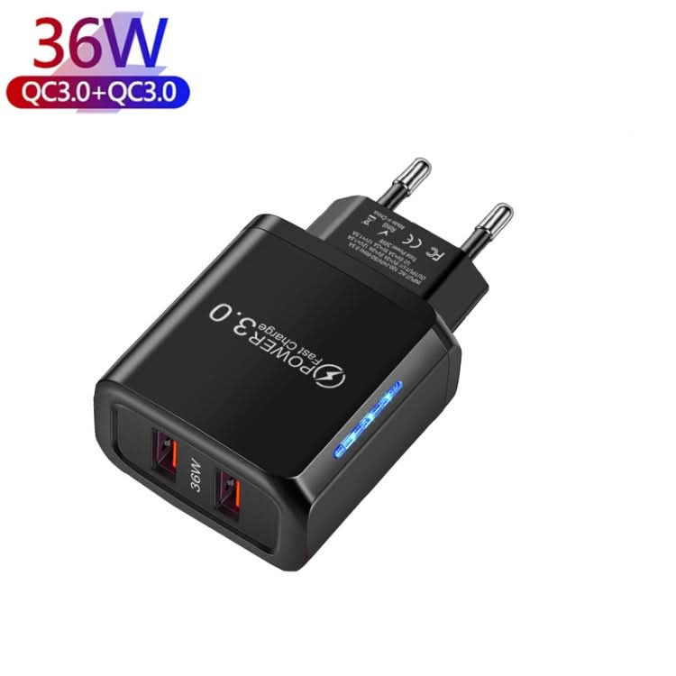 36W Dual Port QC3.0 USB Charger with 3A USB to 8 Pin Data Cable, EU Plug