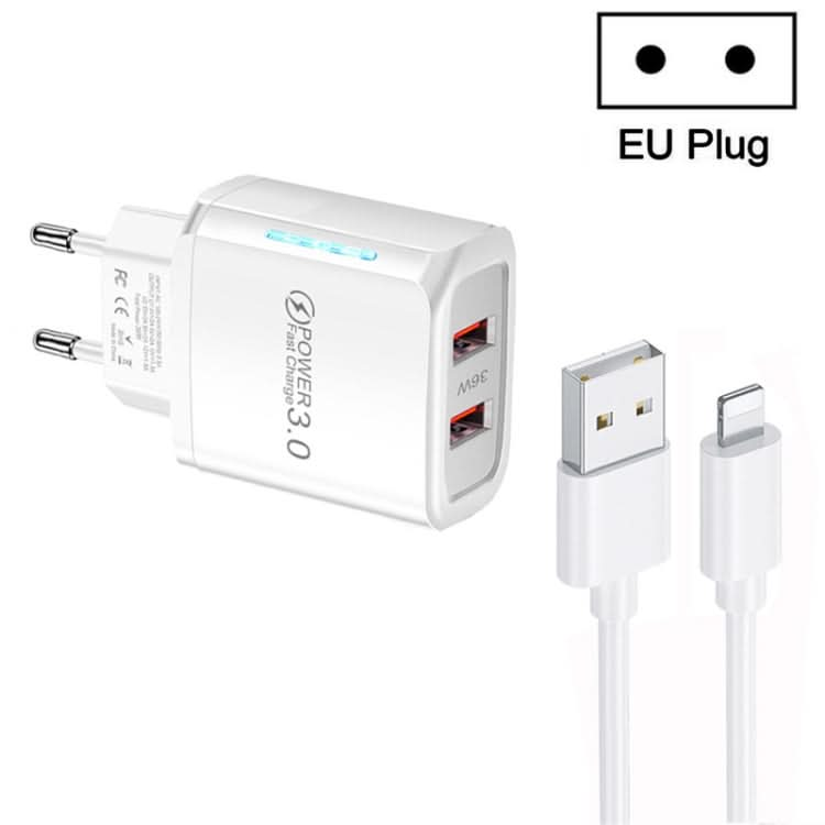 36W Dual Port QC3.0 USB Charger with 3A USB to 8 Pin Data Cable, EU Plug