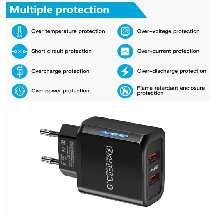 36W Dual Port QC3.0 USB Charger with 3A USB to 8 Pin Data Cable, EU Plug