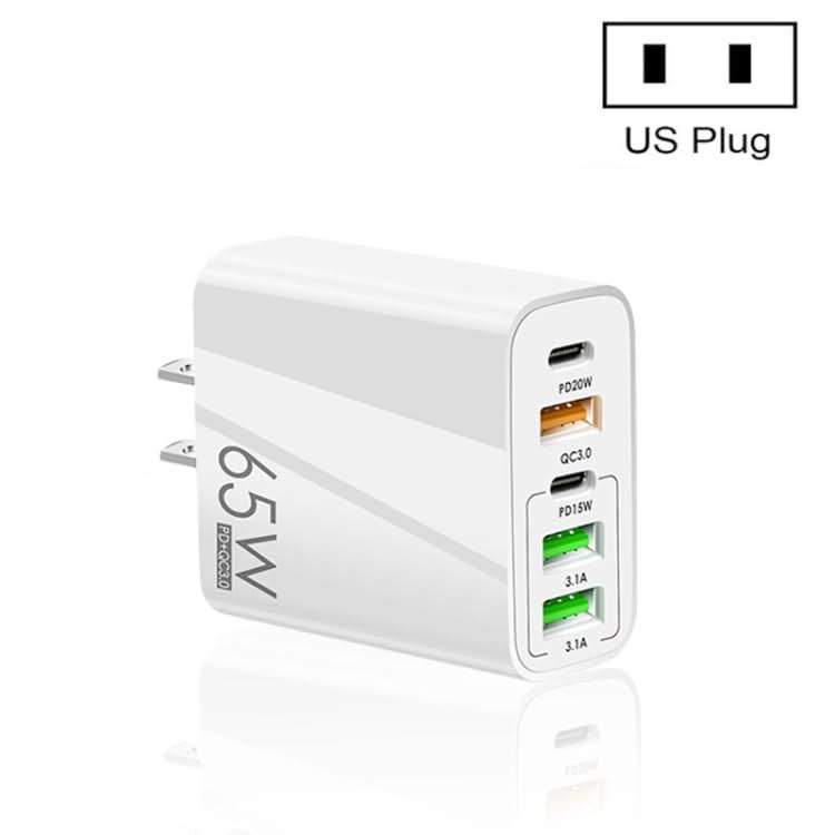 65W Dual PD Type-C + 3 x USB Multi Port Charger for Phone and Tablet PC, US Plug