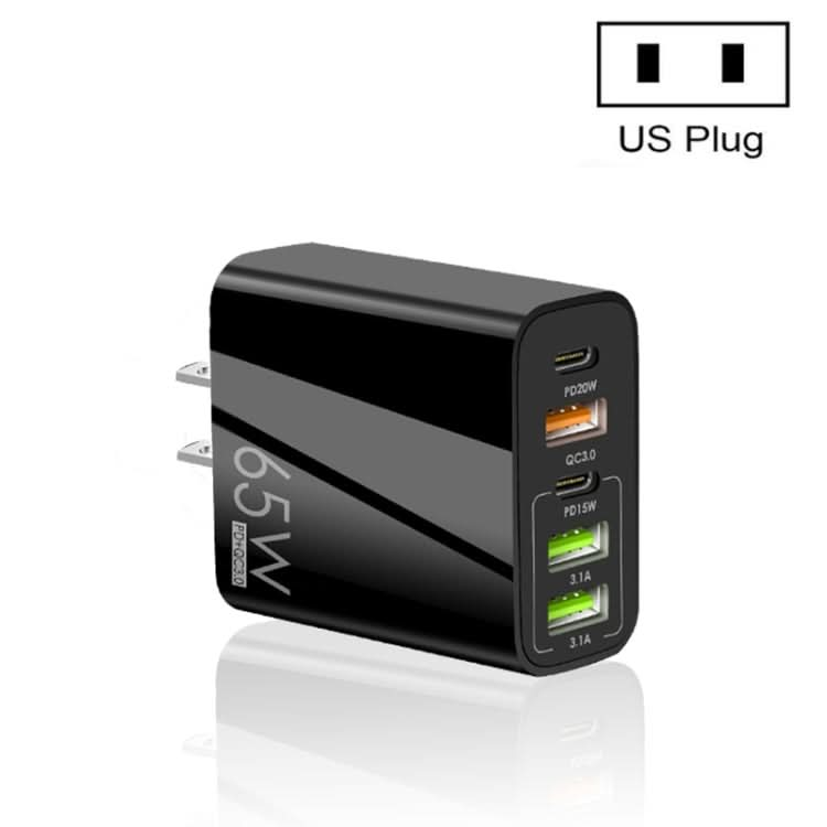 65W Dual PD Type-C + 3 x USB Multi Port Charger for Phone and Tablet PC, US Plug