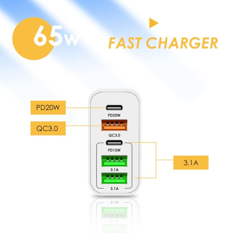 65W Dual PD Type-C + 3 x USB Multi Port Charger for Phone and Tablet PC, US Plug