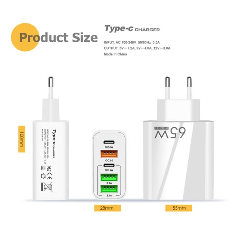 65W Dual PD Type-C + 3 x USB Multi Port Charger for Phone and Tablet PC, US Plug