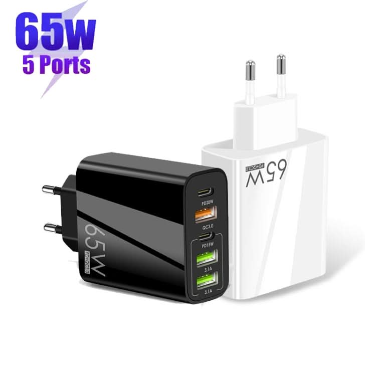 65W Dual PD Type-C + 3 x USB Multi Port Charger for Phone and Tablet PC, EU Plug