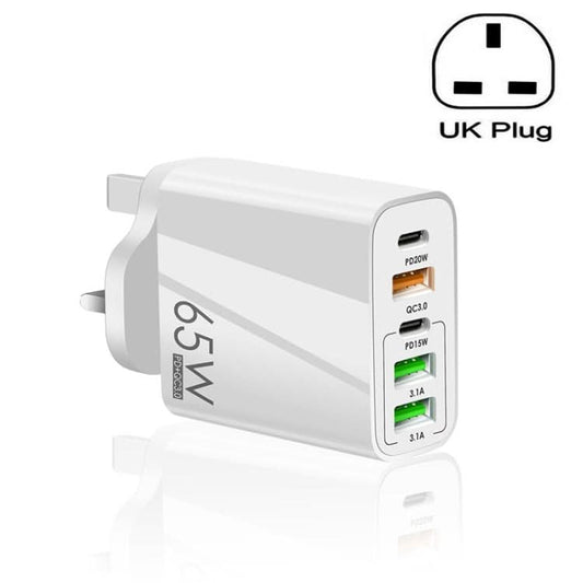 65W Dual PD Type-C + 3 x USB Multi Port Charger for Phone and Tablet PC, UK Plug