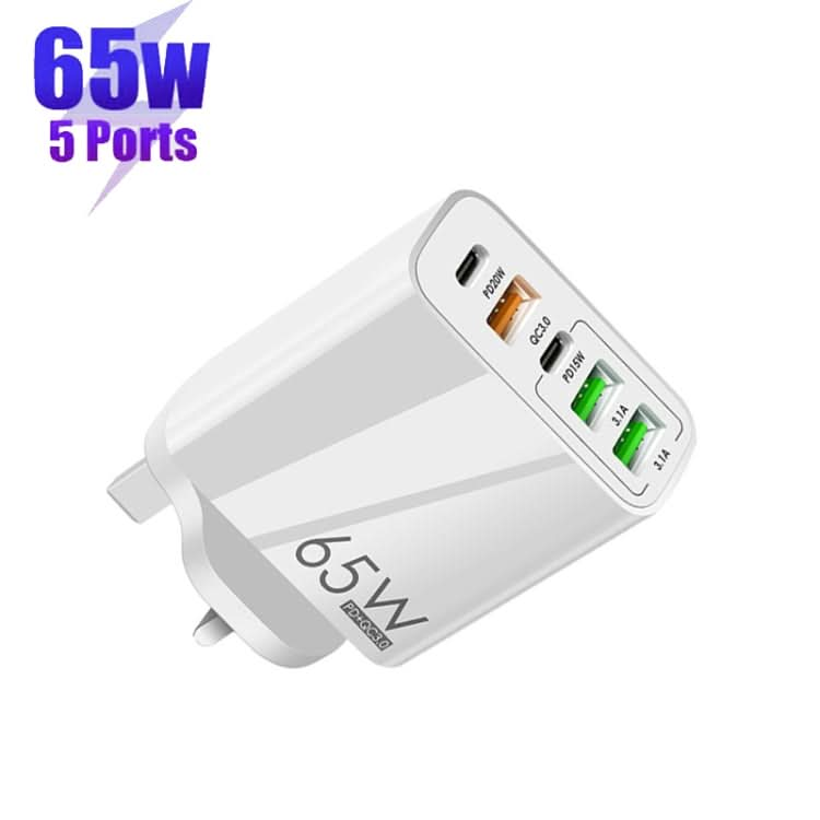 65W Dual PD Type-C + 3 x USB Multi Port Charger for Phone and Tablet PC, UK Plug