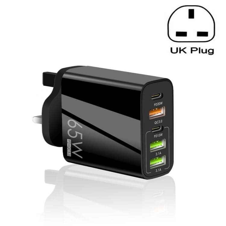 65W Dual PD Type-C + 3 x USB Multi Port Charger for Phone and Tablet PC, UK Plug