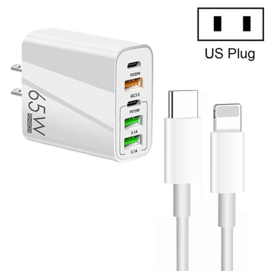 65W Dual PD Type-C + 3 x USB Multi Port Charger with 3A Type-C to 8 Pin Data Cable, US Plug