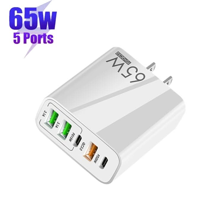 65W Dual PD Type-C + 3 x USB Multi Port Charger with 3A Type-C to 8 Pin Data Cable, US Plug