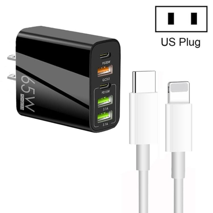 65W Dual PD Type-C + 3 x USB Multi Port Charger with 3A Type-C to 8 Pin Data Cable, US Plug