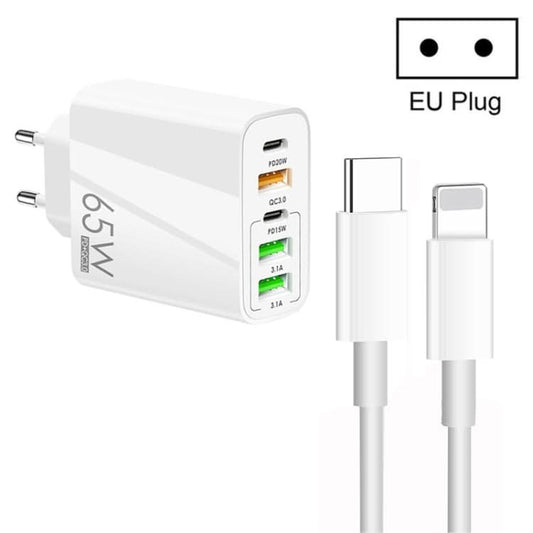 65W Dual PD Type-C + 3 x USB Multi Port Charger with 3A Type-C to 8 Pin Data Cable, EU Plug