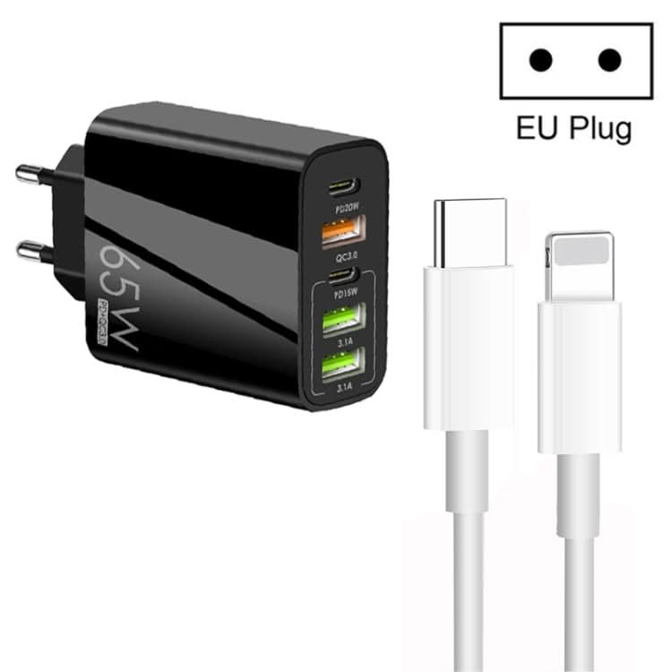 65W Dual PD Type-C + 3 x USB Multi Port Charger with 3A Type-C to 8 Pin Data Cable, EU Plug