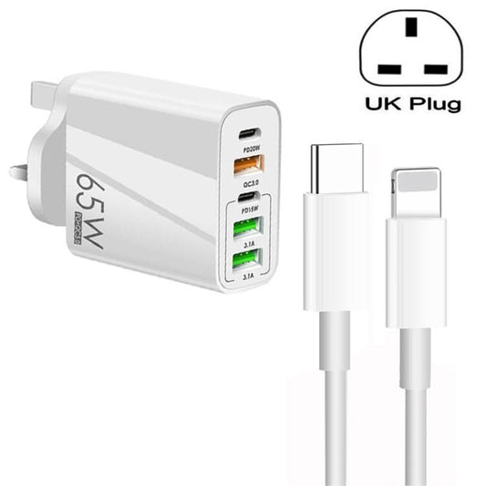 65W Dual PD Type-C + 3 x USB Multi Port Charger with 3A Type-C to 8 Pin Data Cable, UK Plug