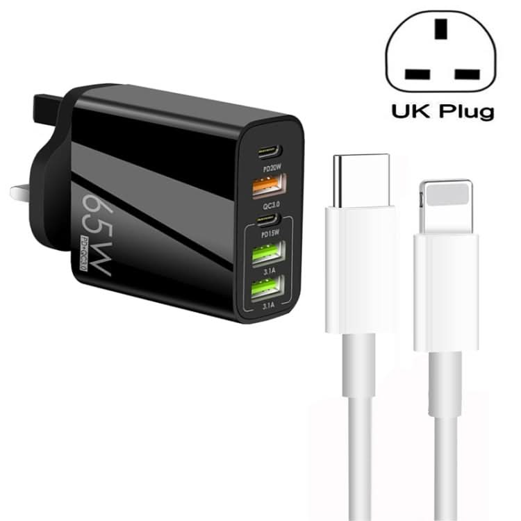 65W Dual PD Type-C + 3 x USB Multi Port Charger with 3A Type-C to 8 Pin Data Cable, UK Plug