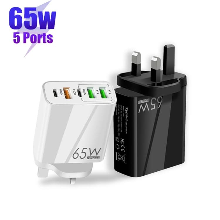 65W Dual PD Type-C + 3 x USB Multi Port Charger with 3A Type-C to 8 Pin Data Cable, UK Plug